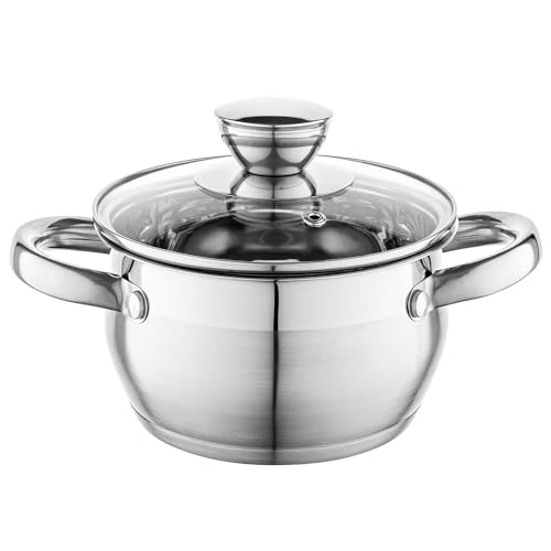 FLORINA Pentola in Acciaio Inox (1,3 l) 14 cm I Pentola con Coperchio in Vetro OLIVER I Adatta alla Lavastoviglie I Pentola per Pasta, Zuppa I Ideale per Tutti i Tipi di Fornelli e Induzione