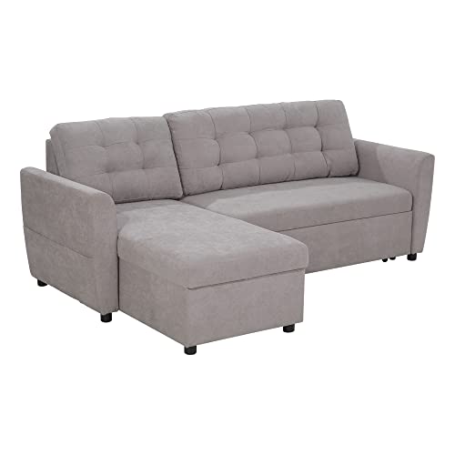 HOMCOM Divano Letto Angolare 3 Posti con Chaise Longue Contenitore e Rivestimento Effetto Lino, 217x134x85cm, Grigio