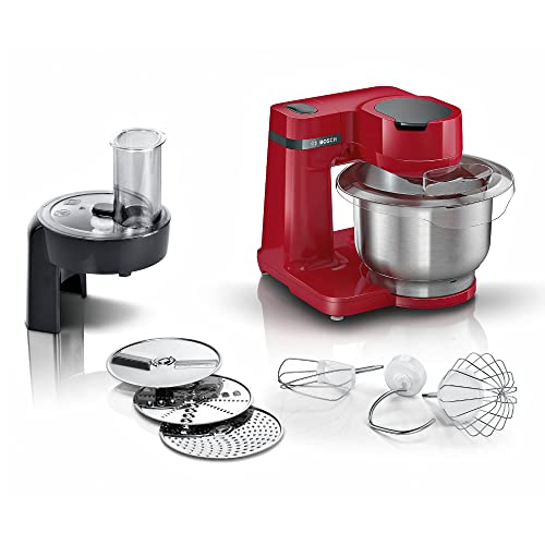 Bosch Elettrodomestici MUMS2ER01 - Robot da cucina MUM serie 2, 700 W, ciotola in acciaio inox da 3,8 l, intaglio e 3 dischi, set di patisserie, acciaio inox, rosso