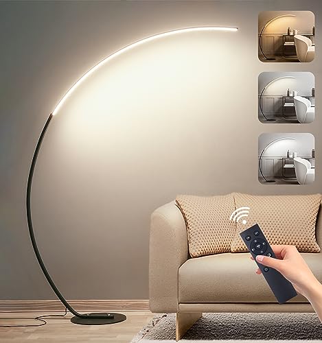 Aanyhoh Lampada da Terra ad Arco Salotto, 25W Moderna Piantana LED Dimmerabile Lampada Salotto con Telecomando, 3000K-6000K, Lampada lettura per Soggiorno, Camera da Letto, Ufficio, Nero 170cm