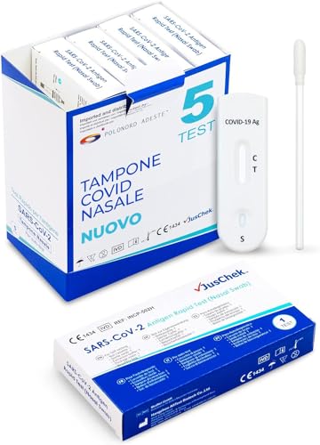 Adeste – 5 scatole test COVID 19 Tamponi Rapidi Nasali. Validato Nuove Varianti Dicembre 2023. Sensibilità 100% a carica virale alta. Certificati per Uso Domestico, Risultato rapido