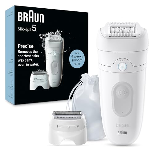 Braun Silk-épil 5 Depilatore Donna, Epilatore Elettrico Donna Per Una Epilazione Semplice, Wet & Dry, Con Testina Per Rasoio Donna e Cappuccio Rifinitore, 5-041, Bianco/Grigio