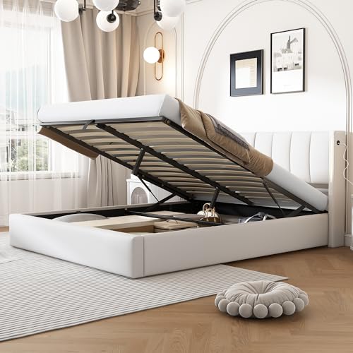 Rtopsu Letto Imbottito Letto Matrimoniale 160x200 cm con USB Type C e LED, Letto con Contenitore, Letto Idraulico con Rete a Doghe e Telaio in Metallo, Testata Regolabile, PU, Bianco, Senza Materasso