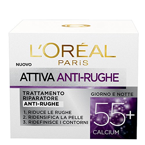 L'Oréal Paris Attiva Antirughe 55+ Crema Viso Donna Antirughe Riparatrice Giorno e Notte con Calcium, 50 ml