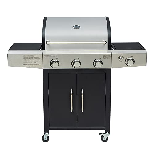 Arsard Barbecue a Gas Professionale XXL Con 4 Fuochi Multifunzione Da 13 KW, Completo Di Bruciatore Laterale, Coperchio, Termometro, Griglia In Ghisa, Ruote E Struttura In Acciaio Inox