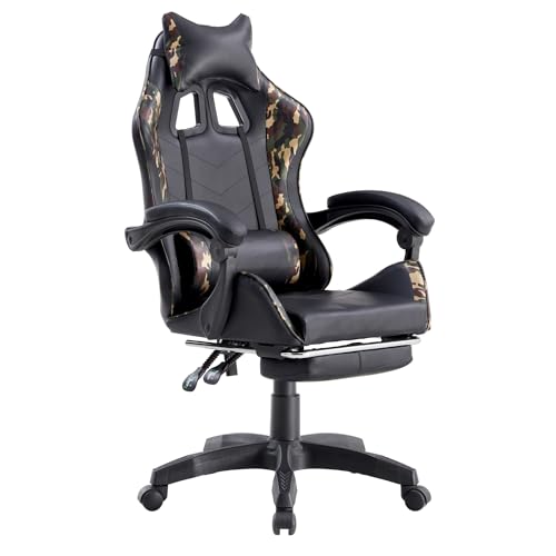 WeHome - Sedia da Gaming Racing Ergonomica Reclinabile con Braccioli, Poltrona Ufficio Girevole con Rotelle, Poggiapiedi, Poggiatesta e Cuscino Lombare in Similpelle, Portata: 125kg (Camouflage)