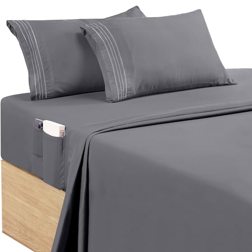 Utopia Bedding Set Lenzuola Ricamate 4 Pezzi 180x200 - Microfibra Di Poliestere - Lenzuolo Con Angoli Con Tasche Portaoggetti, Lenzuolo Piatto e 2 Federe Ricamate (Super King/Matrimoniale, Grigio)