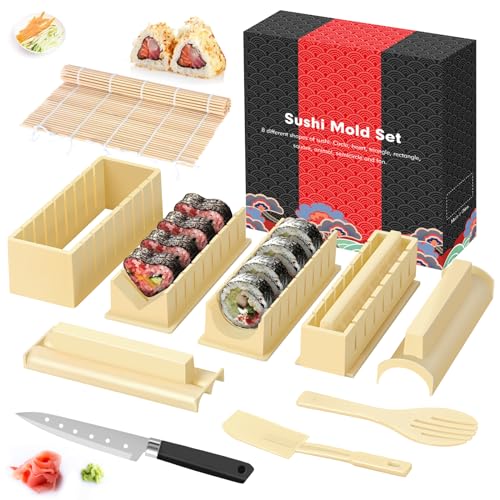 SKYSER Kit Sushi Maker Set 12 pezzi per sushi maker per principianti, 8 forme per sushi making kit completo, set fai da te per sushi con coltello per sushi (Beige)