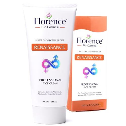 Florence 100 ml. Bio Crema Viso Acido Ialuronico Antirughe, Antietà e Antimacchia per Donna e Uomo. Crema Idratante viso Vitamina C e Retinolo anche per Contorno Occhi. Made in Italy