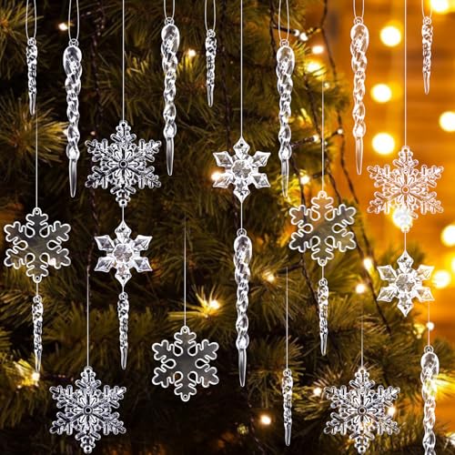 MELLIEX 32 Pezzi Decorazione Natalizia Acrilico, Fiocco di Neve Ghiaccioli di Natale con Linea di Cristallo per Decorazioni Alberi di Natale