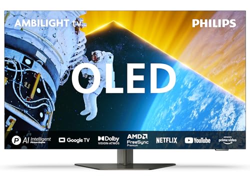 PHILIPS Ambilight 65OLED819 4K OLED Smart TV - Display 65’’ con P5 AI Perfect Picture Ultra HD Google TV Dolby Vision e Dolby Atmos Sound, Funziona con Alexa e Google Assistant - Cornice in metallo