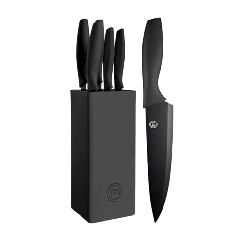 MasterChef Set Coltelli da Cucina con Ceppo Universale, Portacoltelli con Lama Affilato per Pane, Carne, Verdure e altro, Acciaio Inox, Prova di Calore, Manici Neri, 5 Pezzi, Nero