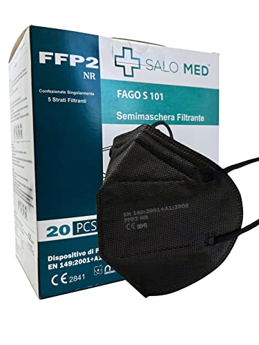 SALO MED - 20 Mascherine FFP2 Nere - Certificato CE2841 – Confezionate Singolarmente – Mascherina Composta da 5 Strati – Filtraggio BFE 99% - Box da 20 Pezzi