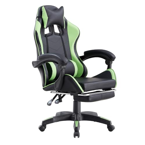 Brigros - Sedia da Gaming Racing Ergonomica Reclinabile con Braccioli, Poltrona Ufficio Girevole con Rotelle, Poggiapiedi, Poggiatesta e Cuscino Lombare in Similpelle, Portata: 125kg (Verde)