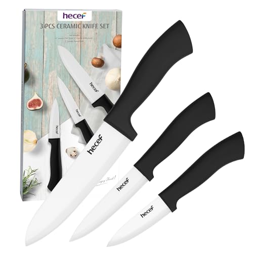 hecef Set di Coltelli in Ceramica, 3 pezzi Professionali Coltelli Ceramica da Cucina Mai Arrugginito, Inclusi 6'' Coltello da Cucina, 4'' Coltello da Frutta, 3'' Coltello di Sbucciatura (Bianco)