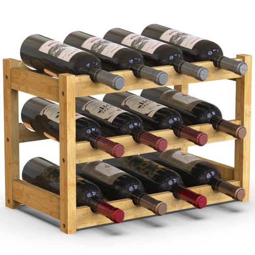 BAKAJI Cantinetta Portavino in Legno Bambù con 12 Scomparti per Vino Champagne, Portabottiglie da Terra, Cantina per Angolo Bar, Salotto, Cucina, Bistrot, Ristorante, 43.5 x 24 x 30 cm (Naturale)