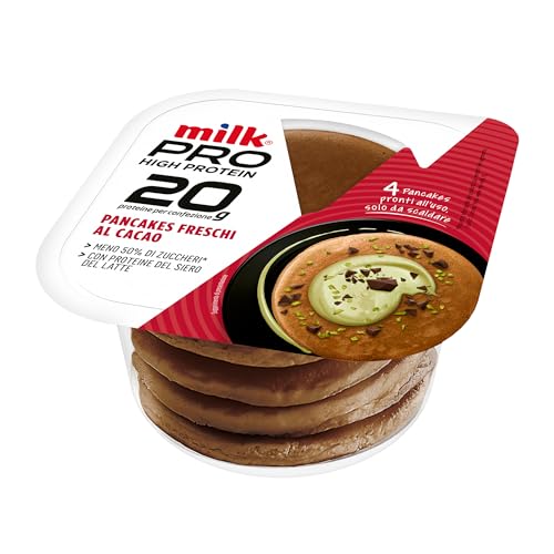 Milk PRO Pancake Proteici Pronti al Cacao, Alto Contenuto di Proteine del Latte, Ridotto Apporto di Zucchero (-50%) e di Grassi (-50%), 4 Pancake Pronti da scaldare (Confezione 160 Grammi, 4 Pezzi)