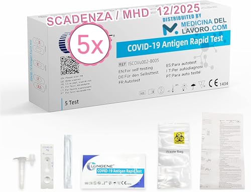 CLUNGENE – 5 x Tamponi Covid 19 Rapido Nasale, Kit Rapido Tampone per l'Antigene SARS-COV-2, Validato Nuove Varianti 2024. Sensibilità 100% a carica virale alta, 5 TEST