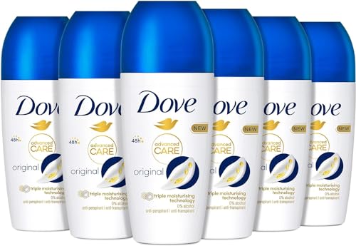 Dove, Deodorante Roll On Advanced Care Original, Deodorante Antitraspirante, Formula Delicata Con Tripla Azione Idratante, Protezione Fino a 48 Ore, Deodorante Uomo e Donna, 6 Pezzi da 50 ml