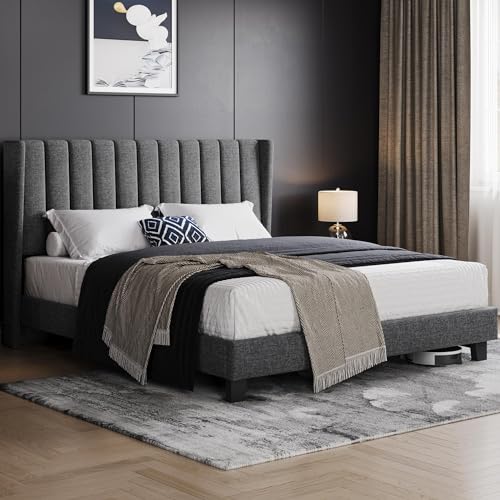 Yaheetech Letto Imbottito 160 x 200 cm Matrimoniale Testiera a Strisce con Rete a Doghe in Legno e Metallo Struttura Letto a Piattaforma Antirumore Montaggio Facile e Veloce Grigio Scuro