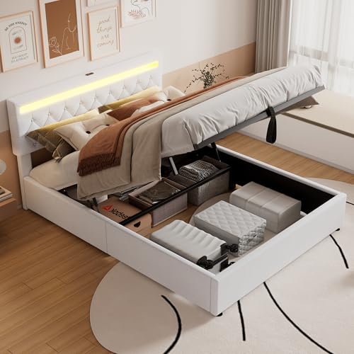 Letto contenitore matrimoniale con presa USB e presa di tipo C, letto matrimoniale 160 x 200 cm con luce d'atmosfera sul letto, letto idraulico,letto una piazza e mezza con base a doghe