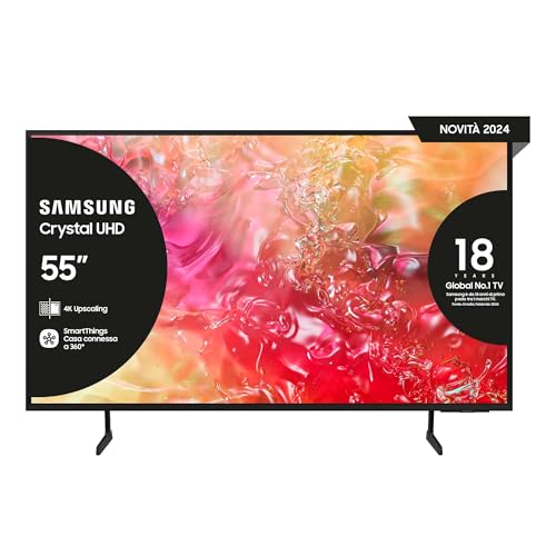 Samsung Smart TV 55" UE55DU7190UXZT, Crystal 4K UHD, 4K Upscaling, Slim Look, DVBT-2, Q-Symphony & OTS Lite, Integrato con Bixby, comp con Alexa e Google Assistant, Black 2024 [Amazon EXCL.]