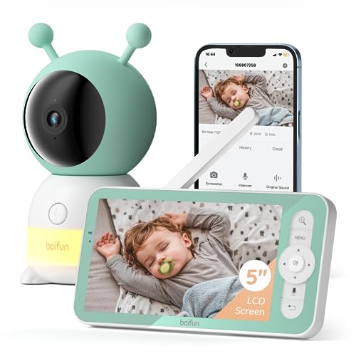 BOIFUN Baby Monitor Video, Display 3MP da 5 Pollici & 360° Telecamera Con Luce Notturna, APP Mobile & Monitor LCD, Tracciamento Automatico, 3000 mAh Batteria, Rilevamento del Suono, Movimento, Pianto