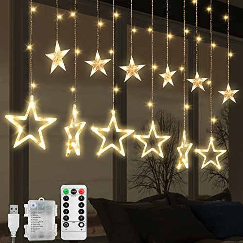 Cascata di Luci Esterno ed Interno, Tenda Luminosa 2.5 m 138 LED, Tenda di Luci con 12 Stelle 8 modalità lampeggianti, Luci Decorativa per Finestra, Porta, Matrimonio, Vetrina (A - (Bianco Caldo))