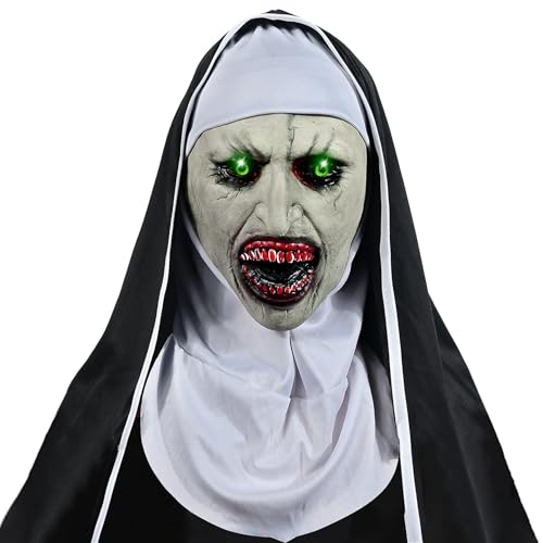 Maschera da Suora Spaventosa, Maschera di Halloween,Maschera Horror di Halloween per Adulti,Maschera di Nun per Halloween con luce LED verde per Festa in Costume di Halloween e Carnevale Cosplay