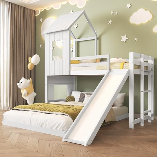 Gelukueub Letto a castello con scivolo, letto per bambini, con rete anticaduta, con finestra e tetto, con scala a tre livelli, pino+MDF, bianco, 90 x 200 cm e 140 x 200 cm