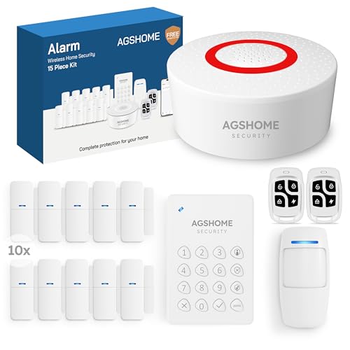 AGSHOME - Sistema di allarme senza fili, 15 pezzi, Wifi, sistema di sicurezza antifurto senza fili da 120 dB, kit di sicurezza per la casa espandibile, compatibile con Alexa e Google Assistant