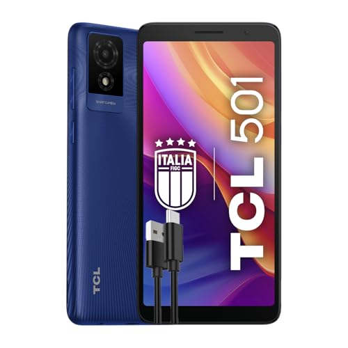 TCL 501 - Smartphone 4G 32GB, 2GB RAM, Display 6" qHD, Android 14 Go Edition, Fotocamera 5Mp, Batteria 3000 mAh, Dual Sim, Memoria espandibile 1TB, caricabatterie + cavo USB-C aggiuntivo, Glacial Blue