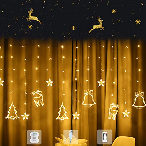 Tenda Luminosa Natale 2024 Woukksy 3.5m Luci di Natale da Interno Esterno a Batteria/USB, Bianco Caldo Catena Luminosa con 8 Modalità e Telecomando per Addobbi Natalizie, Finestre, Balcone