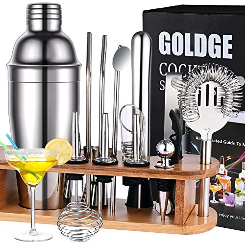 GOLDGE Cocktail Shaker Set, 17 Pezzi Kit da Barman in Acciaio Inox, Kit Attrezzatura Bar con 750ml Shaker, Supporto di Bambù, Jigger Bilaterale, Pourer, Ghiacciolo Rotto, Filtro e Altri Accessori