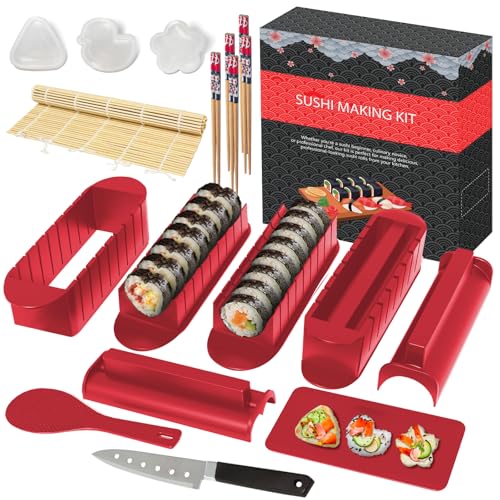 HI NINGER Sushi Maker Kit Completo, 20 Pezzi Set per adatto ai principianti da preparare da soli, con stampo per polpette di riso, coltello, tappetino, bacchette, bset completo Piatti da sushi(rosa)