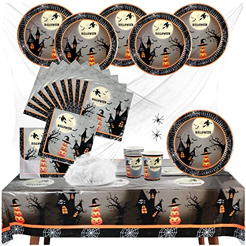 COM-FOUR® Set di decorazioni per Halloween da 26 pezzi con ragnatela, ragni, tazze, piatti, tovaglioli e tovaglie per Halloween [la selezione varia] (Strega 1-26 pezzi)