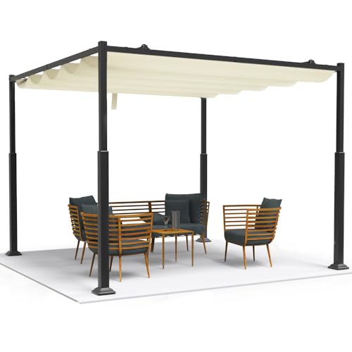 VOUNOT Gazebo Pergola 3x3M in Acciaio con Tetto a Scomparsa, Pergolato da Giardino con Telo Impermeabile Richiudibile in Poliestere e Struttura Rettangolare, Tendone per Patio Terrazzo Esterno, Beige