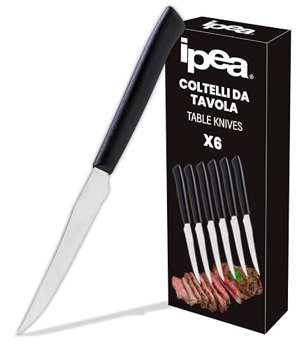 IPEA Coltelli da Tavola per Bistecca e Carne - Set da 6 - Coltello Affilati con Lama Seghettatata in Acciaio Inox per Tagliare Carne e Alimenti a Pranzo e Cena - Posate - Coltelli per Casa e Cucina