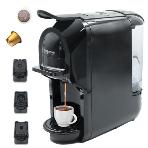 BEHOME Macchina Caffè per Nespresso, Cialde e Dolce Gusto | 3 adattatori compatibili per ogni Caffè, caffè espresso pronto in pochi secondi