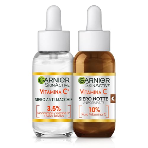 Garnier Routine Completa Vitamina C, Kit con Siero Anti-Macchie e Siero Notte Uniformante, Per Pelli Spente e con Macchie, Effetto Rigenerante, Per una Pelle Morbida e Luminosa