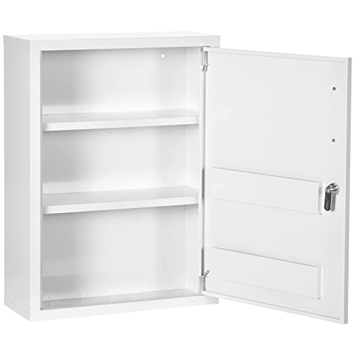 kleankin Armadietto Medicinali a Parete con 2 Ripiani e 2 Chiavi di Sicurezza, Porta Medicine da Casa in Acciaio, 40x15x53.5 cm, Bianco